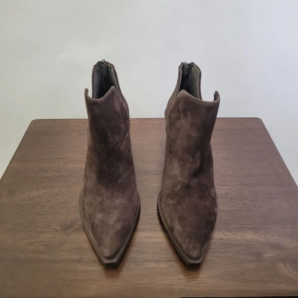 Vince Camuto Brown Suede Pointed Ankle Booties with Stacked Heel